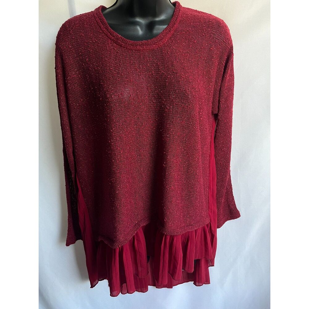 Umgee Burgundy Red Crewneck Sweater Blouse Mixed Media Size M Knit Luxurious